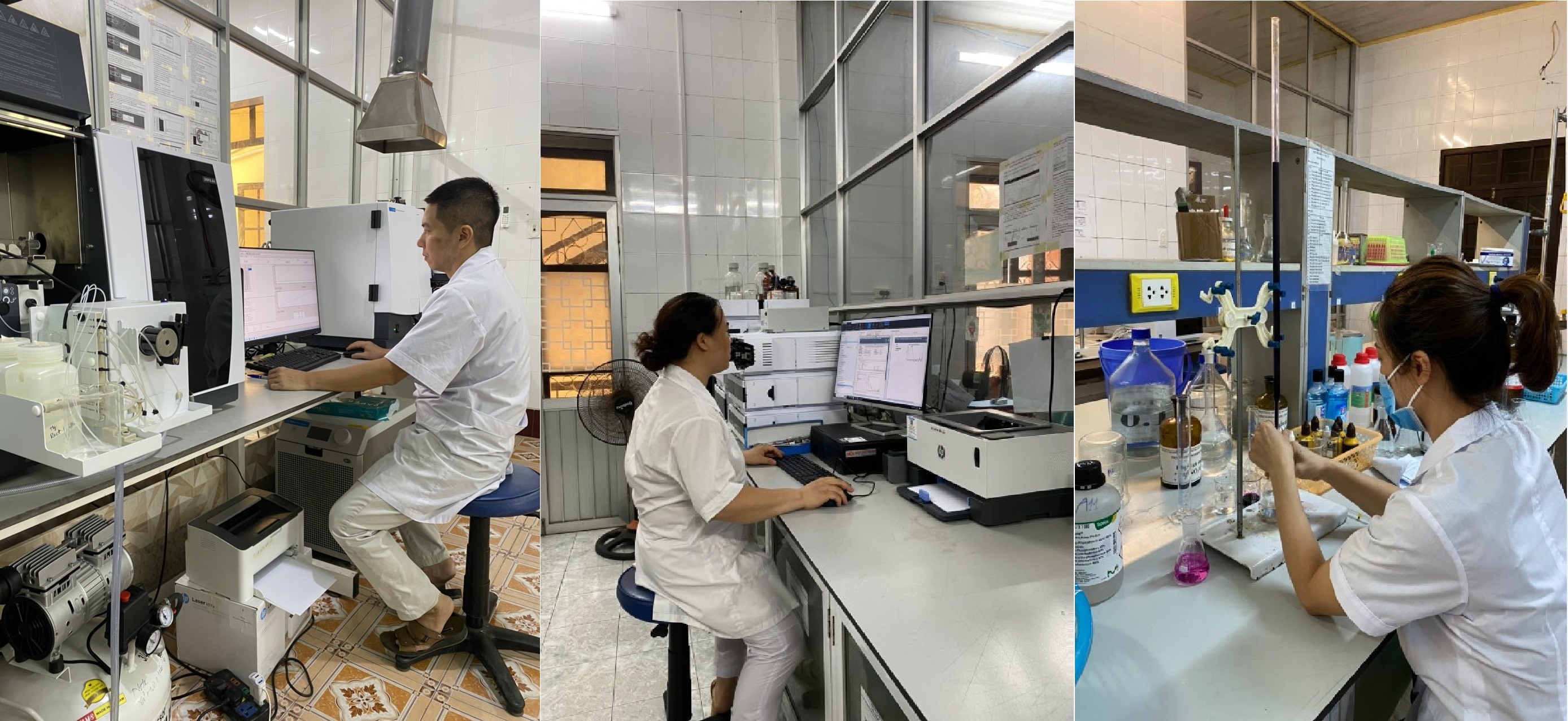 Hình ảnh: Cán bộ đang phân tích mẫu trên máy Quang phổ AAS, HPLC, CĐTT