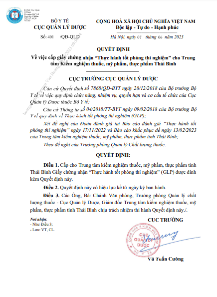 QĐ chứng nhận thực hành tốt GLP